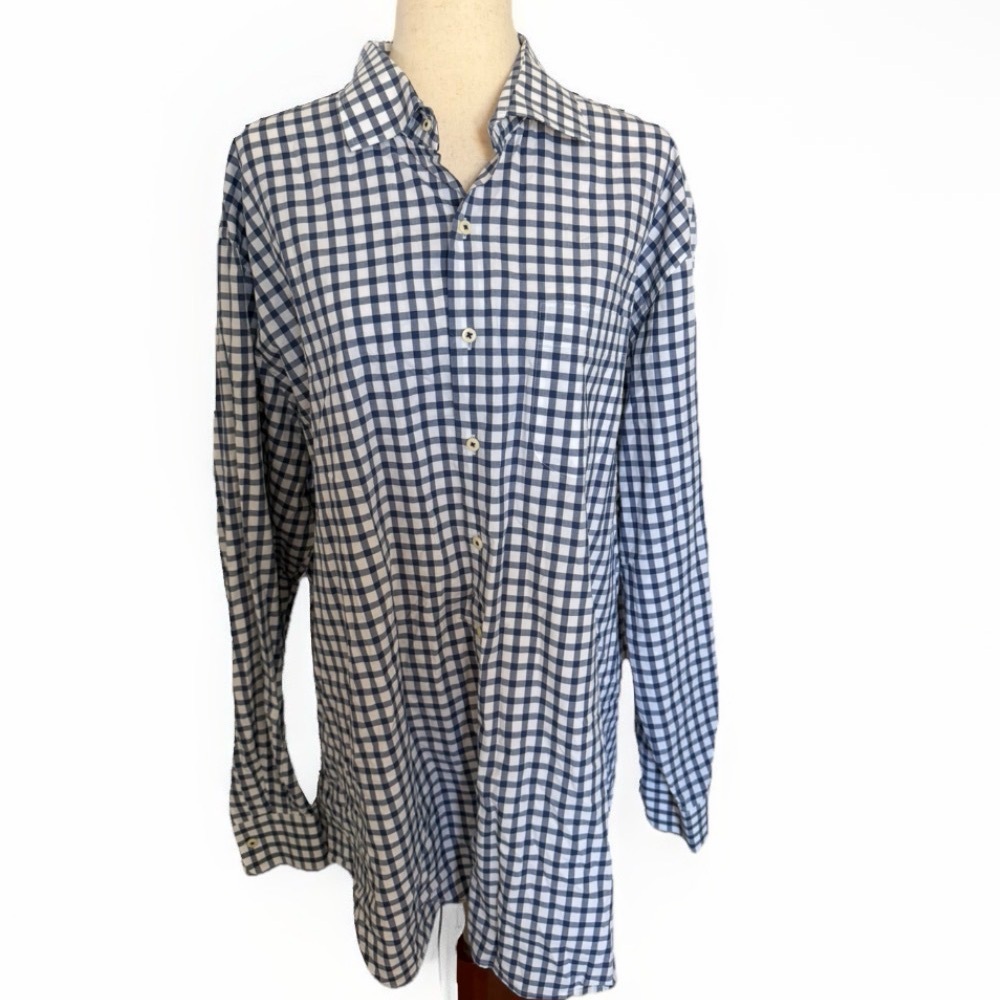 Peter Millar Men’s Blue Check Button Down Shirt XXL Long Sleeve 100% Cotton Golf